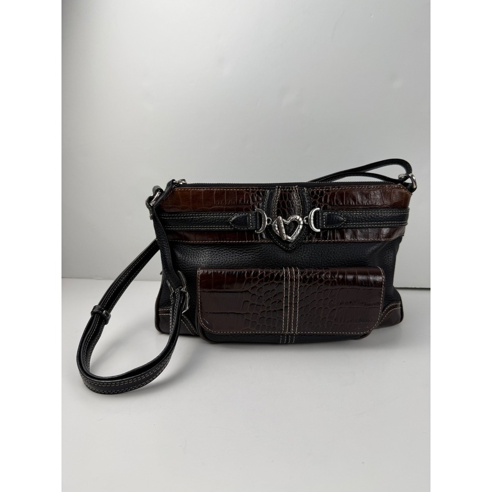 Brighton Black Brown Leather Croc Embossed Heart Crossbody Bag D479265